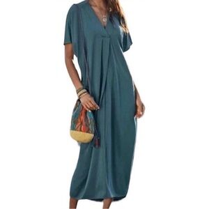 Peruvian Connection Thebes Kaftan Lagenlook Minimalist  Blue Maxi Dress size M/L
